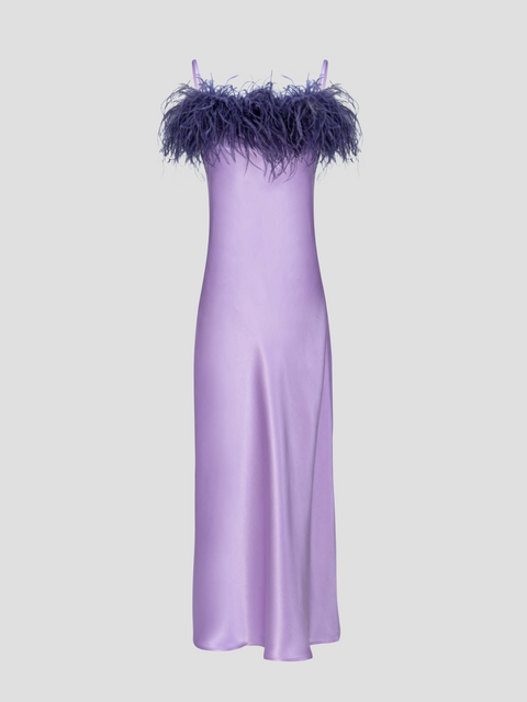 Boheme Slip Dress with Feathers in Lilac,Sleeper,- Fivestory New York