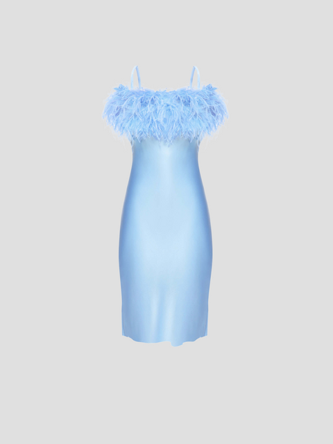 Boheme Mini Dress with Feathers in Light Blue,Sleeper,- Fivestory New York