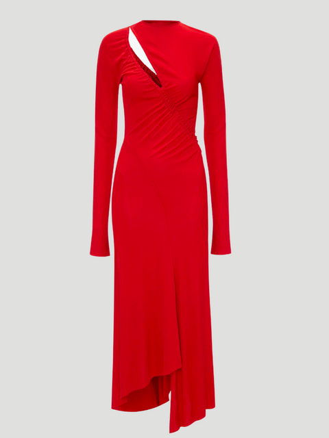 Asymmetric Slash Jersey Midi Dress in Crimson,Victoria Beckham,- Fivestory New York