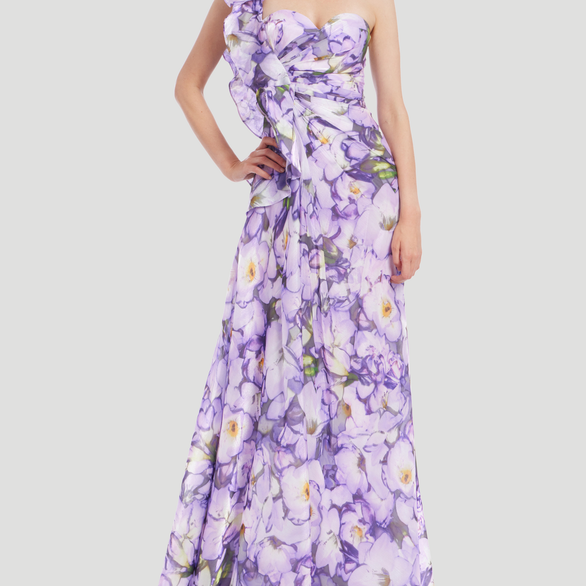 Badgley Mischka | Ruffle One Shoulder Print Dress in Lilac Multi