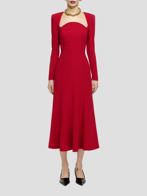 Red Long Sleeve Stretch-cady Midi Dress,ROLAND MOURET,- Fivestory New York