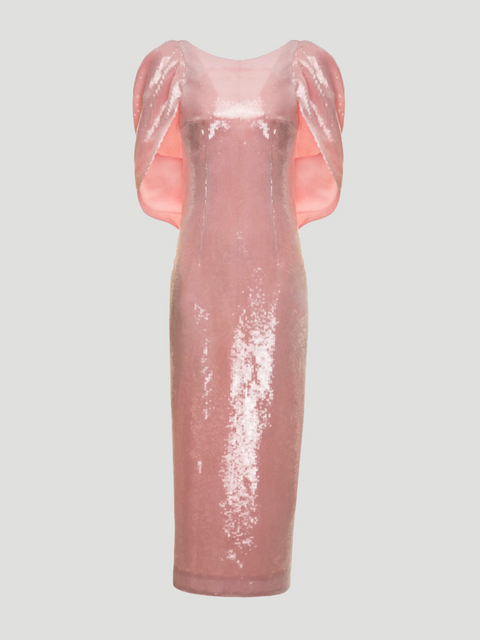 Pink Alba Crepe Shoulder Sequin Gown,HUISHAN ZHANG,- Fivestory New York