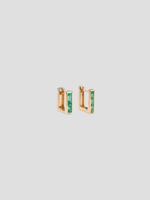 Rose Gold Chubby Square Huggie Earrings w/ Emerald Baguettes,Ri Noor,- Fivestory New York