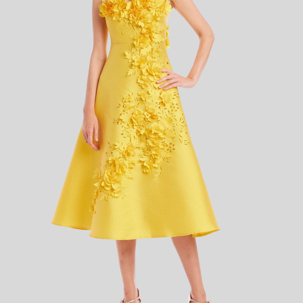badgley mischka golden hue dress Badgley Mischka | Gazar 3D Midi Cocktail Dress in Marigold