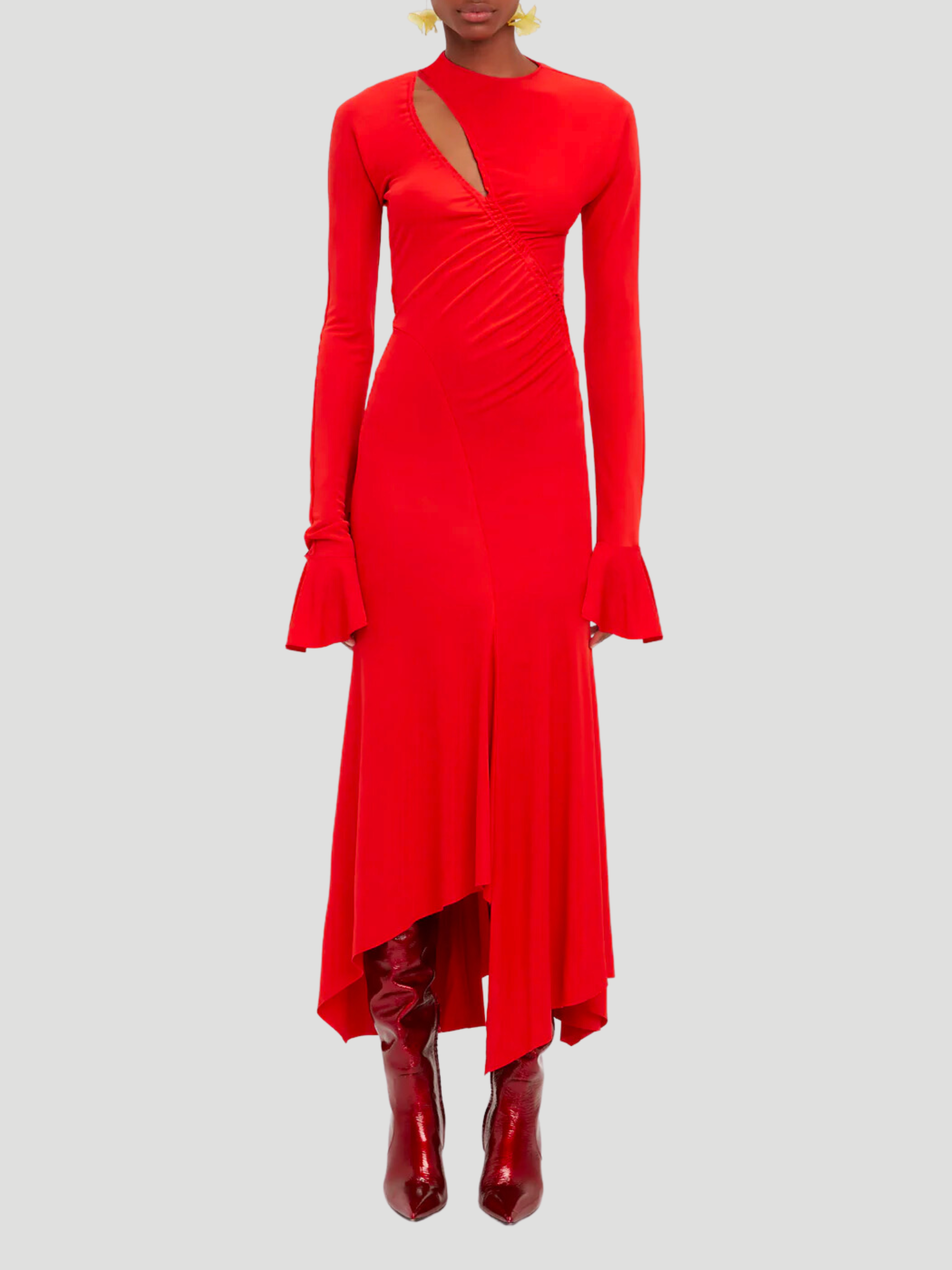 Asymmetric Slash Jersey Midi Dress in Crimson,Victoria Beckham,- Fivestory New York