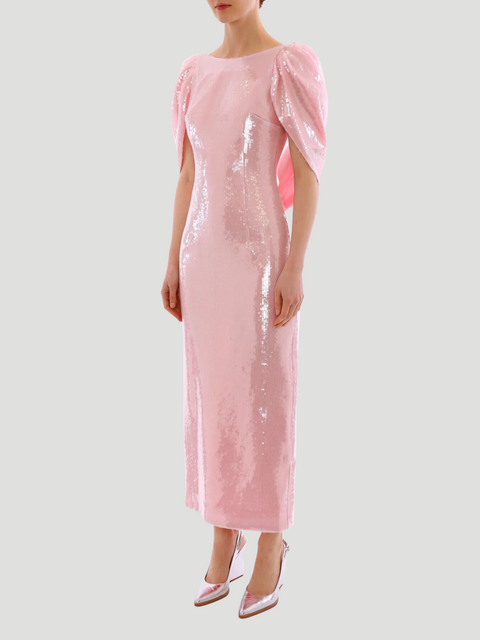 Pink Alba Crepe Shoulder Sequin Gown,HUISHAN ZHANG,- Fivestory New York