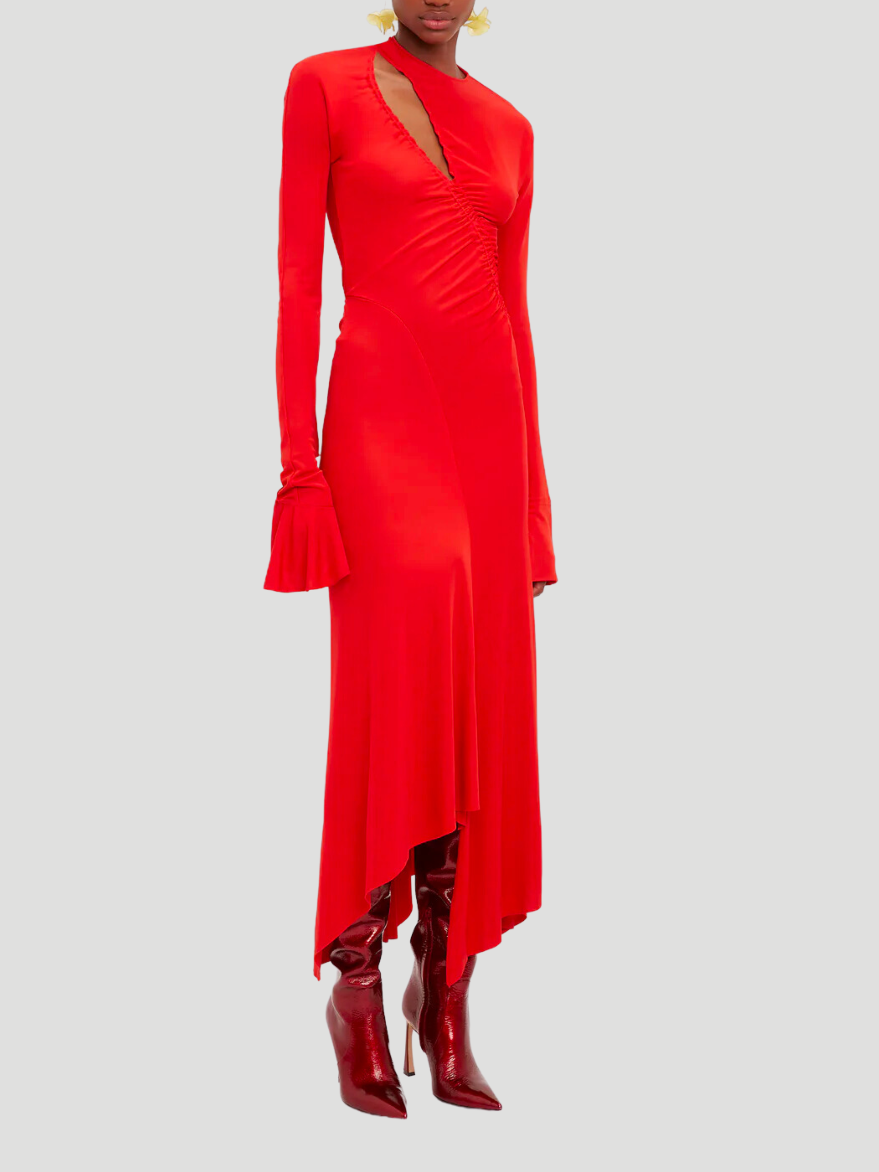 Asymmetric Slash Jersey Midi Dress in Crimson,Victoria Beckham,- Fivestory New York