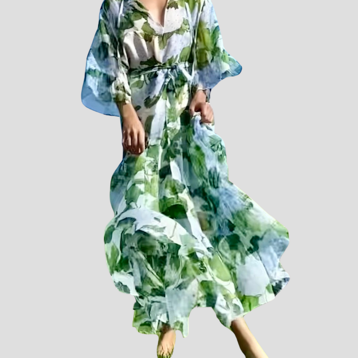 Praire Floral Silk Chiffon Maxi Dress in Green and White – Fivestory