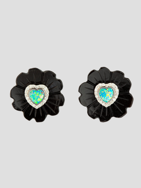Black Jade Flower Earrings with Opal Heart