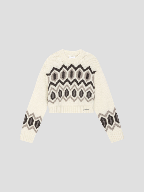 Ivory Chunky Graphic Cropped Wool Sweater,GANNI,- Fivestory New York