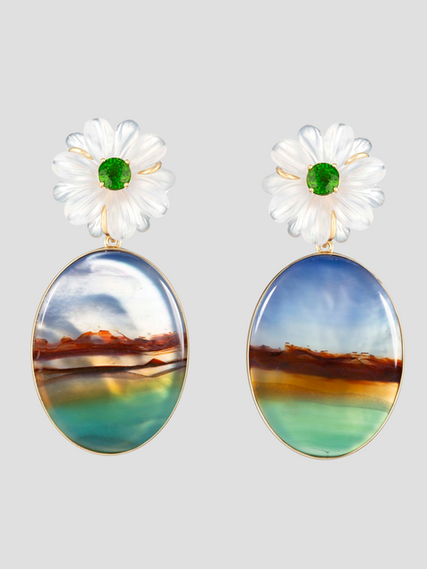 Landscape Agate Earrings with Quartz Flower