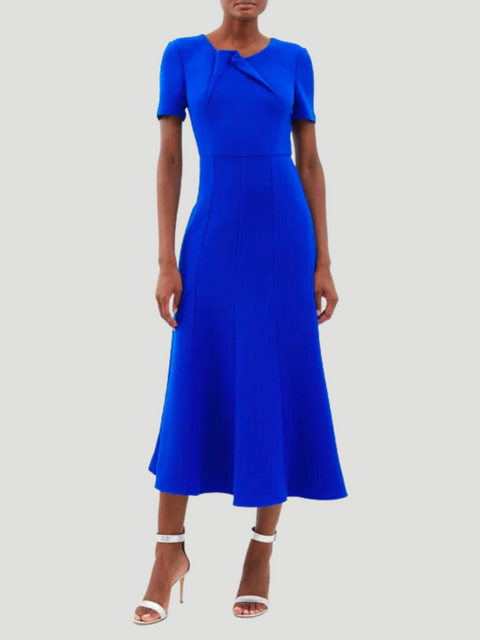 Blue Short Sleeve Wool Crepe Midi Dress,ROLAND MOURET,- Fivestory New York
