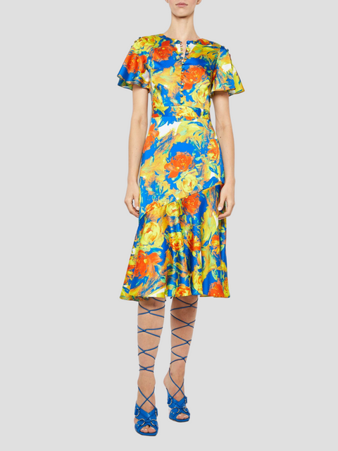 Victoria Floral Flutter Sleeve Pleated Midi Dress in Yellow,Prabal Gurung,- Fivestory New York
