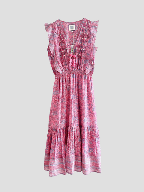 Luna Floral Midi Dress in Pink,Bell,- Fivestory New York