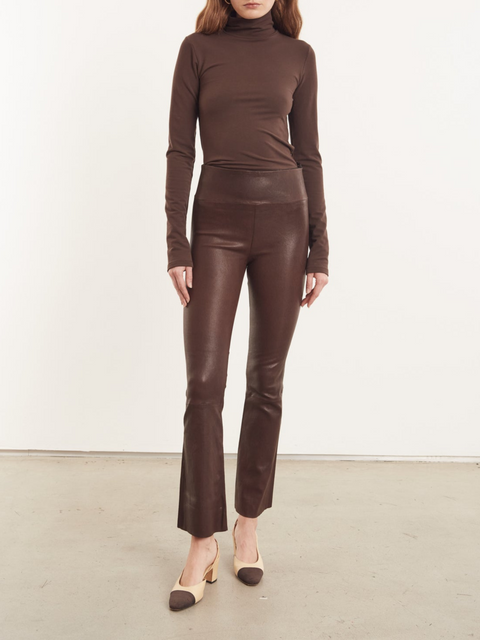 Brown Stretch Leather Pull-On Micro Flare Pants,Sprwmn,- Fivestory New York