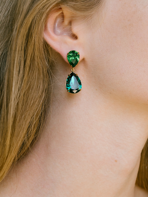 Judy Emerald Gold Plated Double Pear Cut Swarovski Crystal Drop Earrings,JENNIFER BEHR,- Fivestory New York