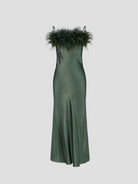 Green Boheme Feather-trimmed Satin Maxi Dress,SLEEPER,- Fivestory New York