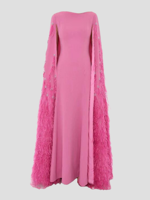 Madalea Cape Gown with Feathers in Pink,Huishan Zhang,- Fivestory New York