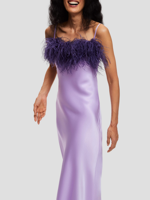 Boheme Slip Dress with Feathers in Lilac,Sleeper,- Fivestory New York