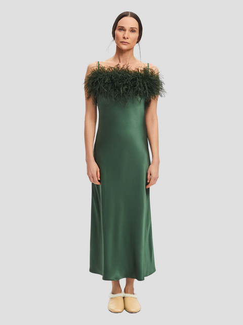 Green Boheme Feather-trimmed Satin Maxi Dress,SLEEPER,- Fivestory New York