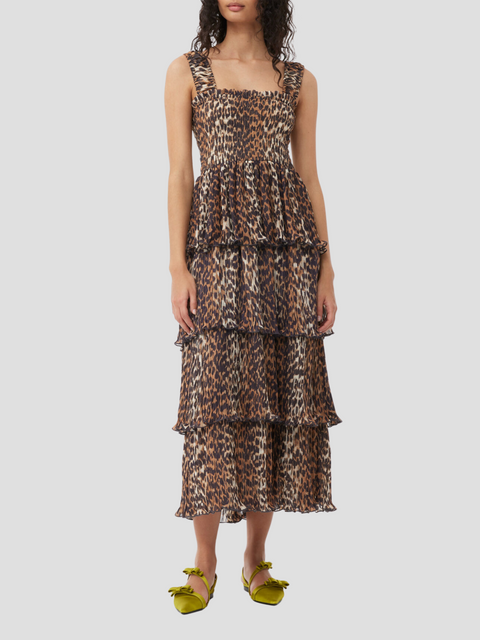 Brown Animal Print Pleated Midi Dress,Ganni,- Fivestory New York