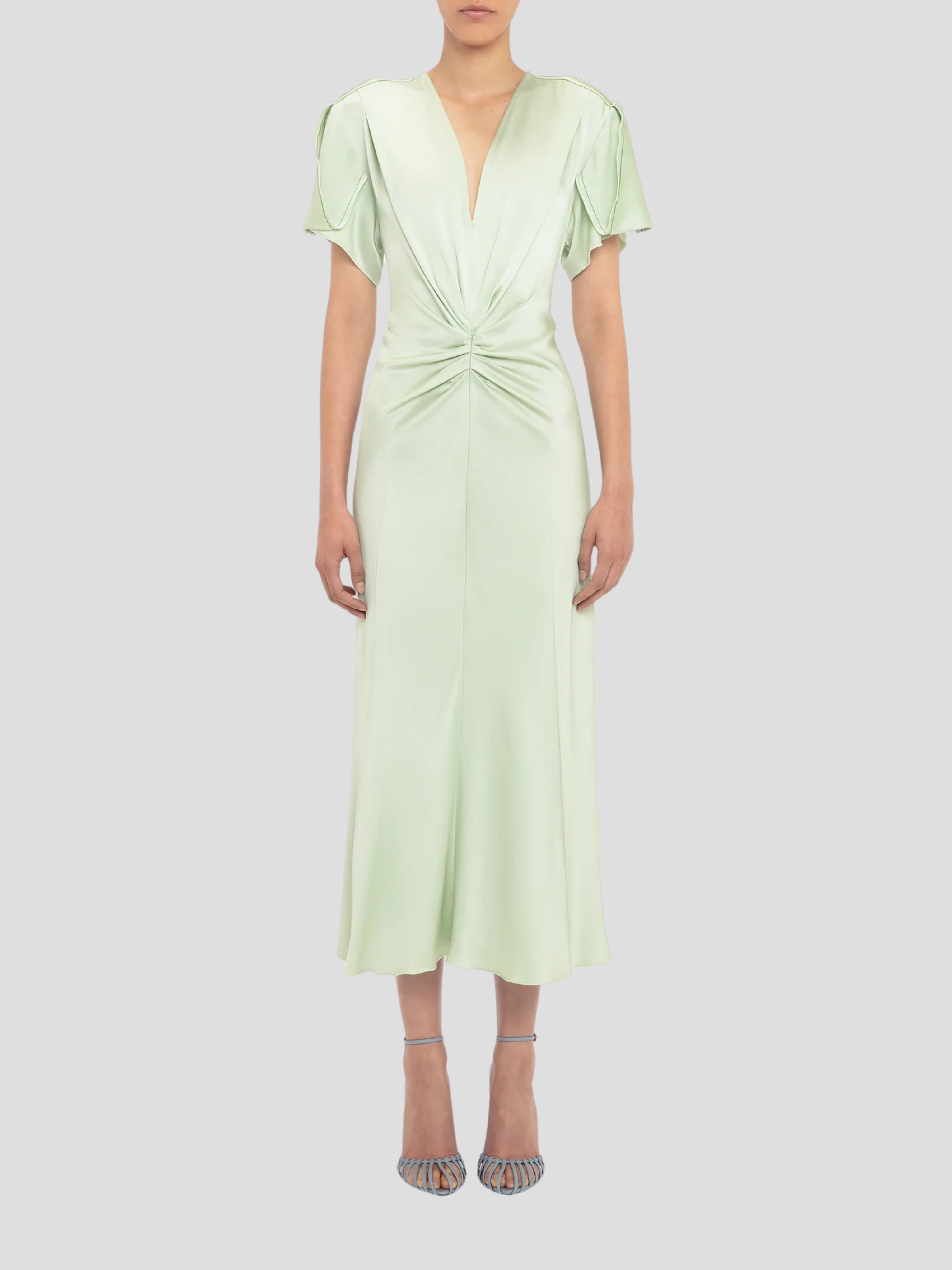 Victoria Beckham | GATHERED V-NECK MIDI DRESS IN JADE Victoria Beckham | GATHERED V-NECK MIDI DRESS IN JADE