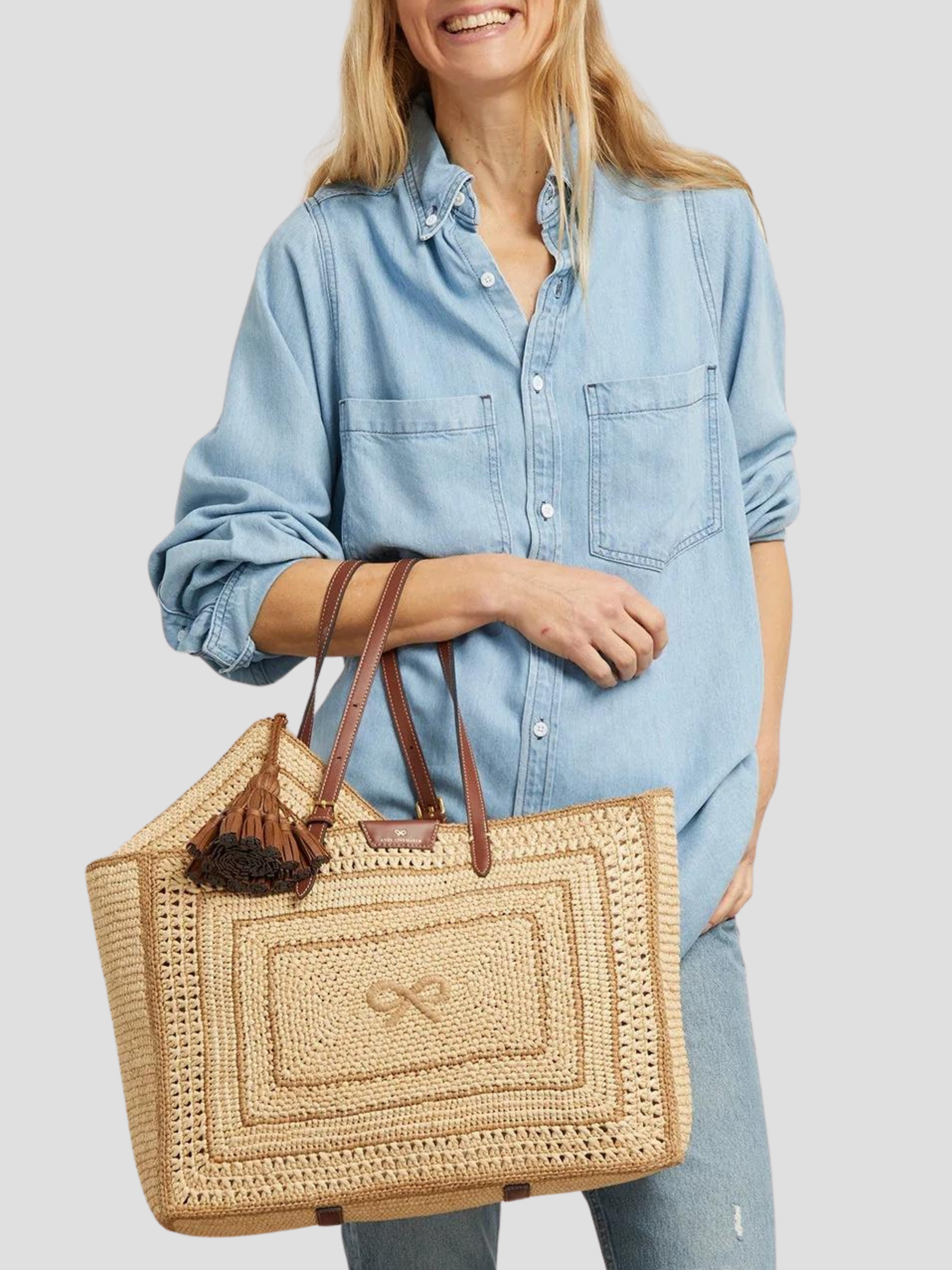 Natural Raffia E/W Bow Tote,ANYA HINDMARCH,- Fivestory New York