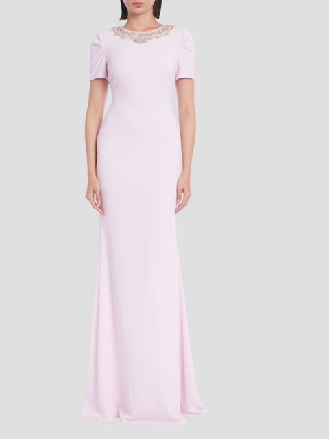 Short Sleeve Beaded Neckline Column Gown,Badgley Mischka,- Fivestory New York