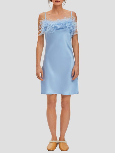 Boheme Mini Dress with Feathers in Light Blue,Sleeper,- Fivestory New York