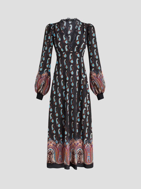 Multi-Print V-Neck Puff Sleeve Silk Midi Dress,Etro,- Fivestory New York