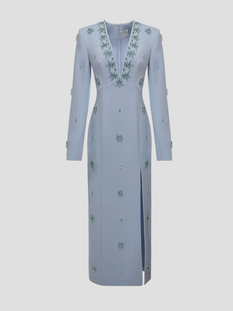 Sky Blue Aurore Deep V-Neck Slit Dress,Huishan Zhang,- Fivestory New York