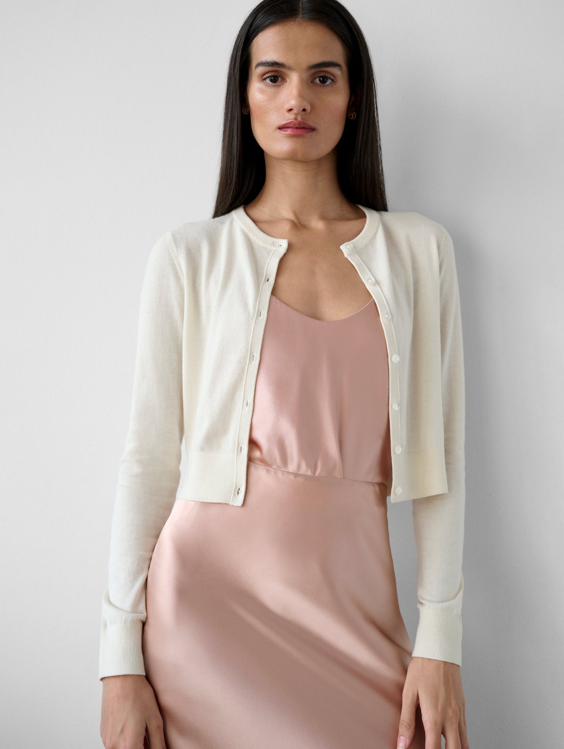 Silk Cashmere Crewneck Cardigan in Ivory,White + Warren,- Fivestory New York