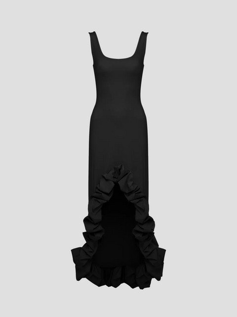 Garita Ruffled Midi Dress in Black,Maygel Coronel,- Fivestory New York