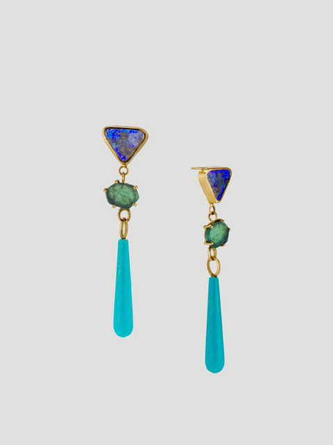 18K Yellow Gold Boulder Opal, Emerald And Turquoise Drop Earrings,Katey Walker,- Fivestory New York