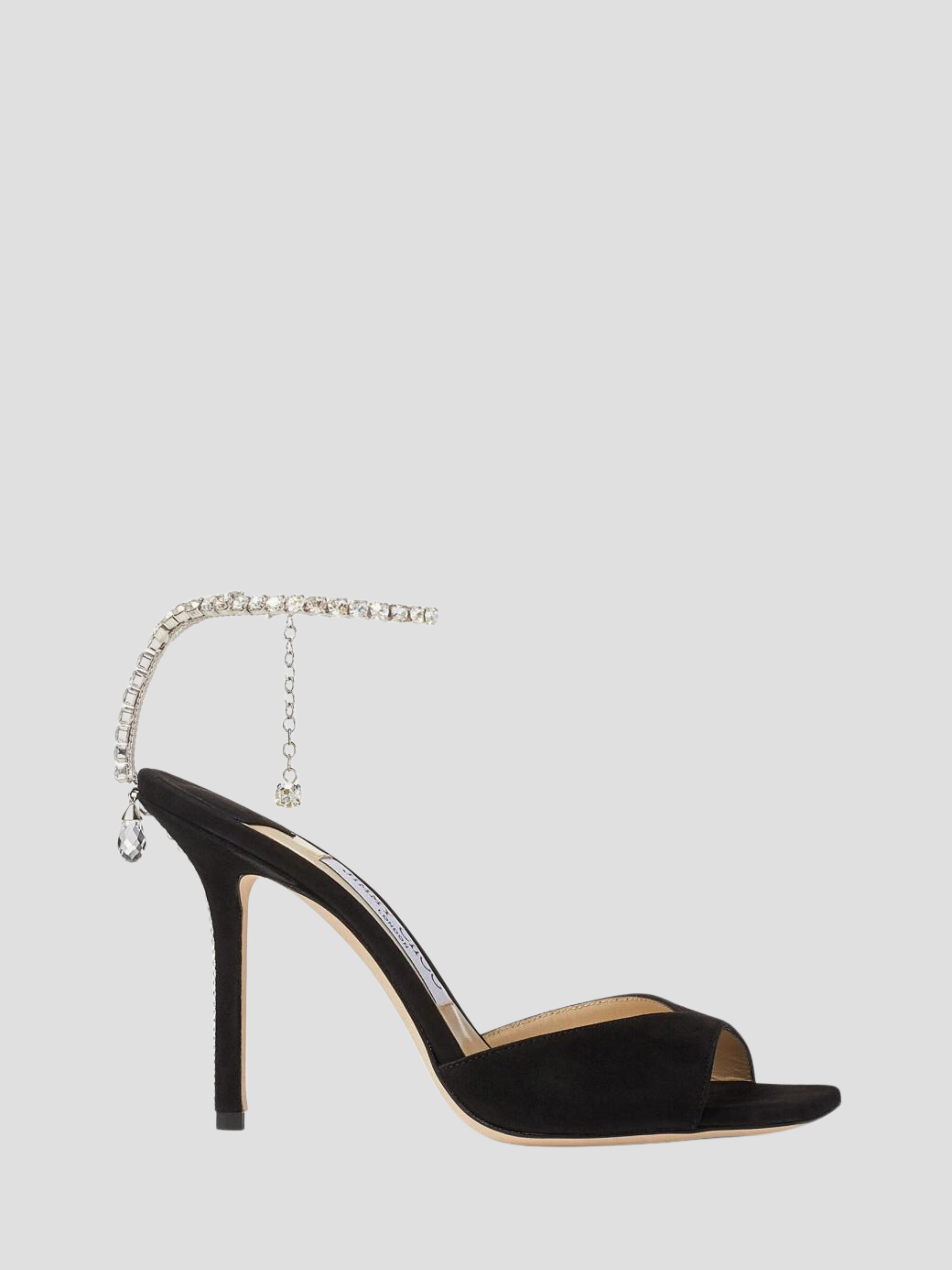 Saeda Sandal 100mmÊBlack Suede Sandals with Crystal Embellishment,Jimmy Choo,- Fivestory New York