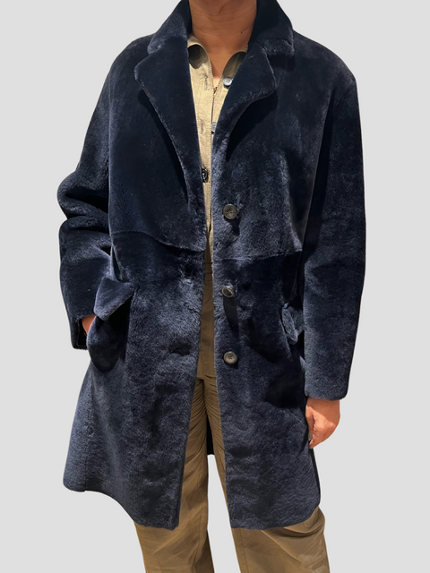 Navy Merino Shearling Notch Collar Coat,POLOGEORGIS,- Fivestory New York