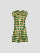 Short Sleeve Check Print Silk Mini Dress in Green,Marni,- Fivestory New York