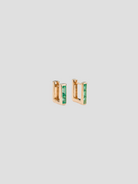 Rose Gold Chubby Square Huggie Earrings w/ Emerald Baguettes,Ri Noor,- Fivestory New York