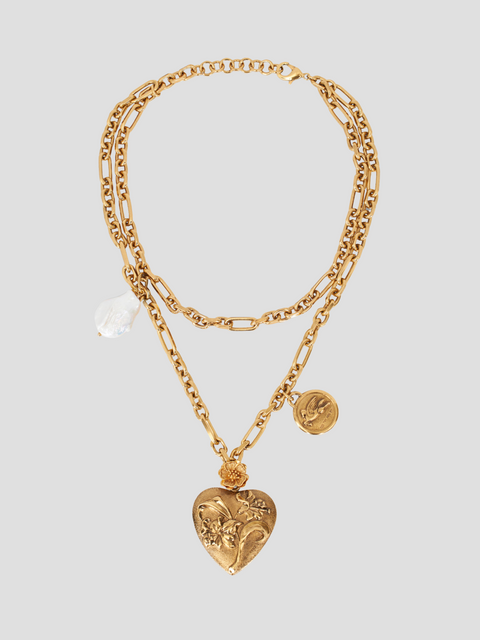 Gold Double Chain Heart Necklace,Etro,- Fivestory New York