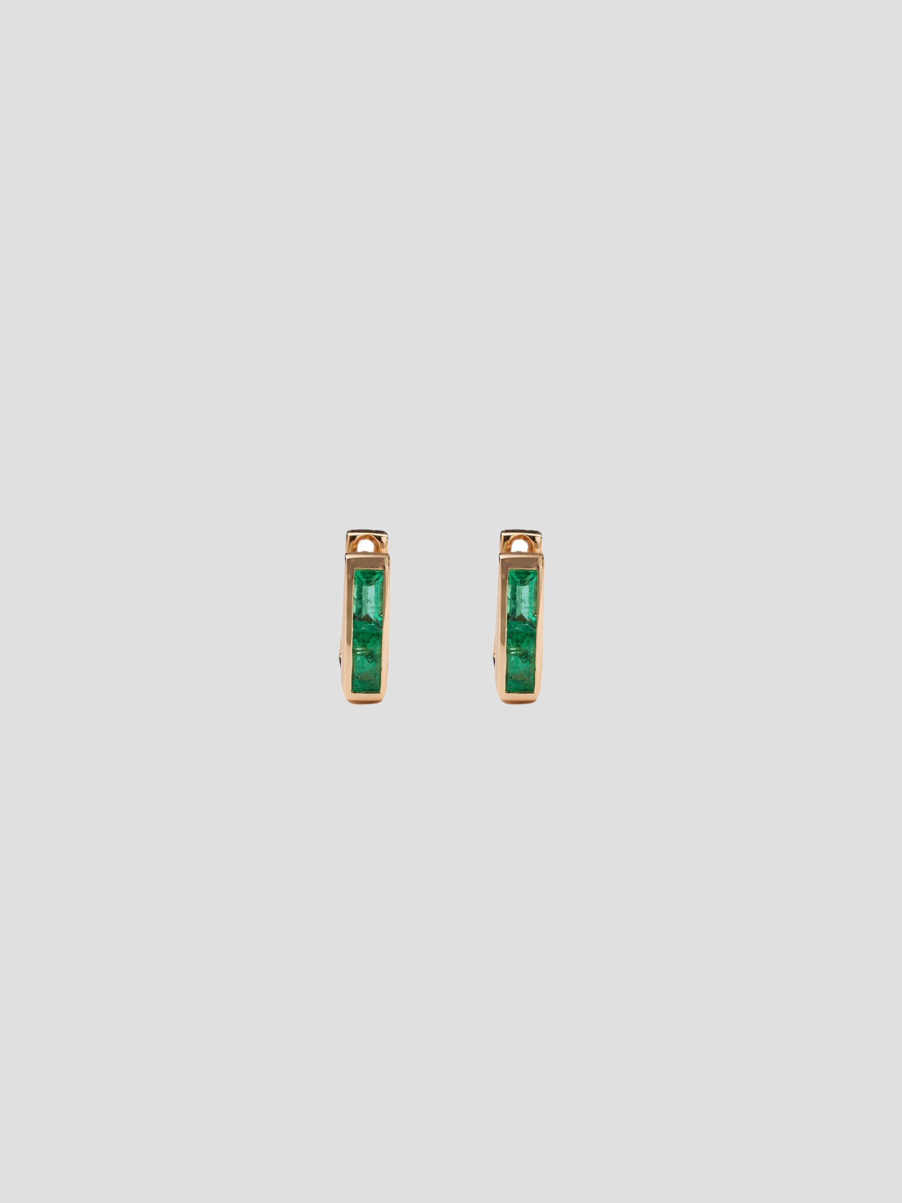 Rose Gold Chubby Square Huggie Earrings w/ Emerald Baguettes,Ri Noor,- Fivestory New York