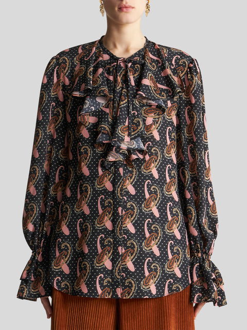 Paisley Print Ruffle-Front Top in Black,Etro,- Fivestory New York