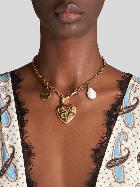 Gold Double Chain Heart Necklace,Etro,- Fivestory New York