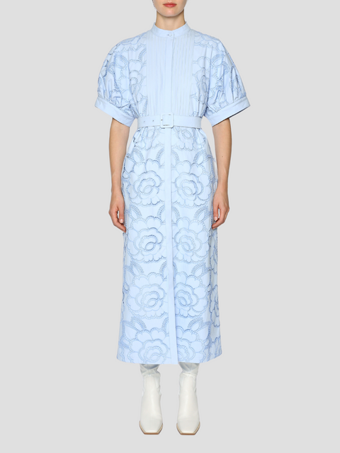 Sky Blue Anisley Floral Short Sleeve Midi Dress,Huishan Zhang,- Fivestory New York