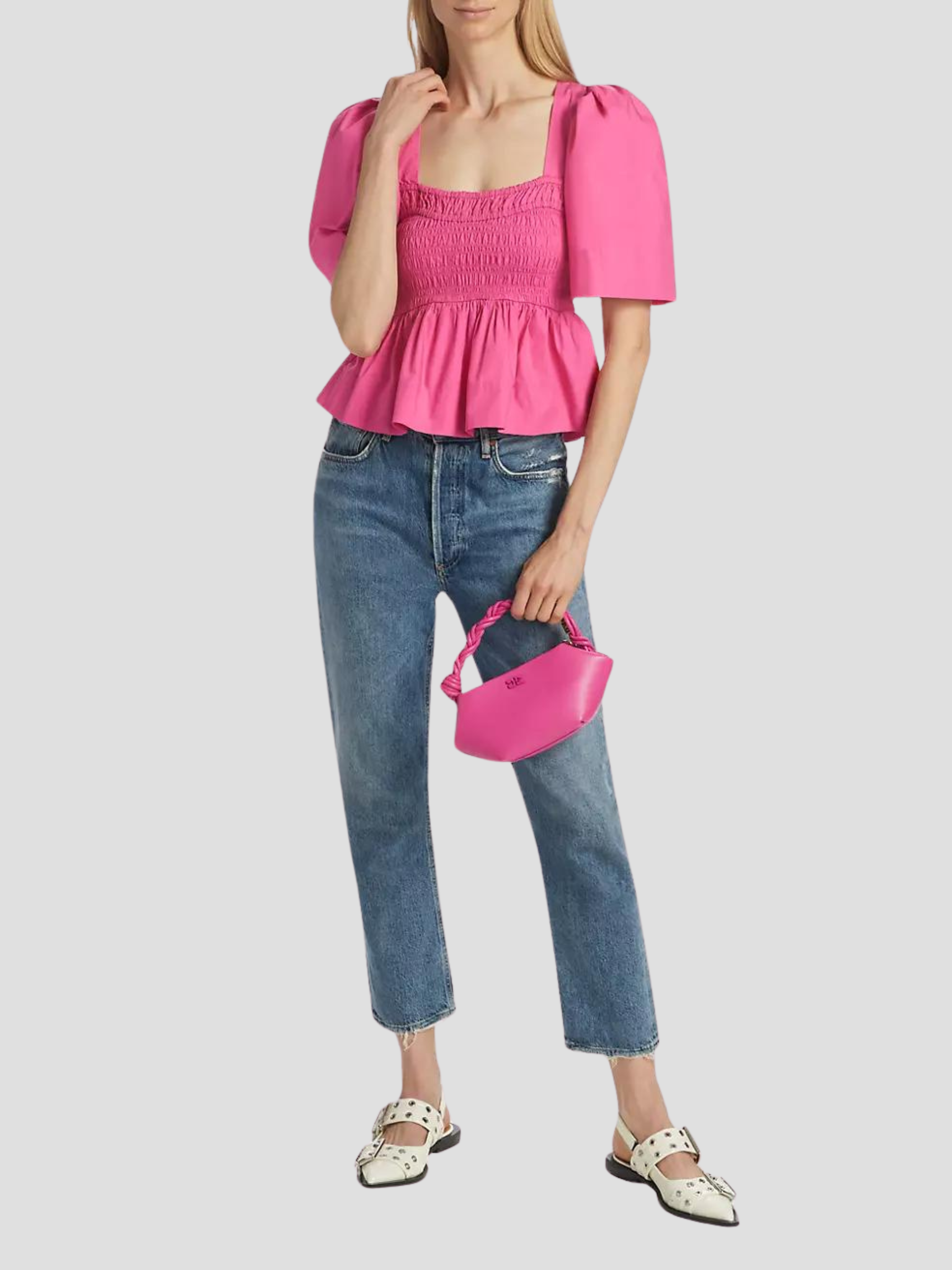 Pink Cotton Poplin Open-Neck Smock Blouse,Ganni,- Fivestory New York