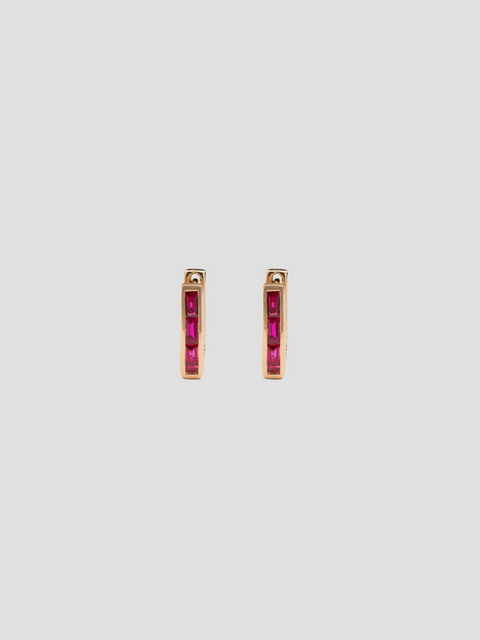 Rose Gold Skinny Square Huggie Earrings w/ Ruby Baguettes,Ri Noor,- Fivestory New York