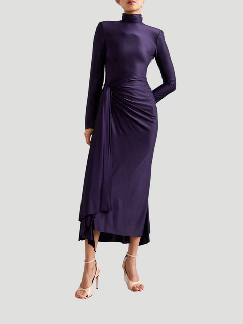 Asymmetric Ruched Satin-Jersey Turtleneck Dress,VICTORIA BECKHAM,- Fivestory New York