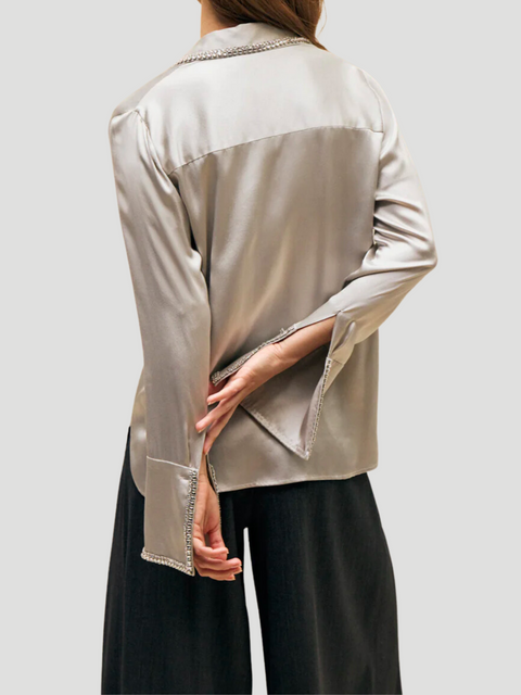 Object of Her Affection Platinum Silk Charmeuse Shirt with Crystal Embroidery,Twp,- Fivestory New York