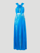 Blue Pleated Metallic Halter Midi Dress,Semsem,- Fivestory New York