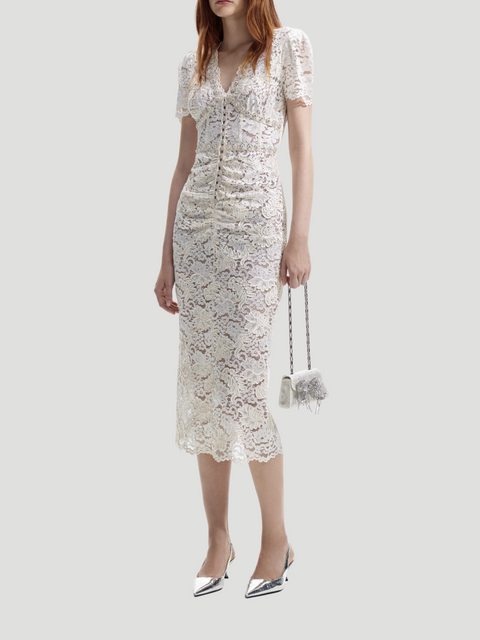 Cream Cord Lace V-Neck Midi Dress,Self-Portrait,- Fivestory New York