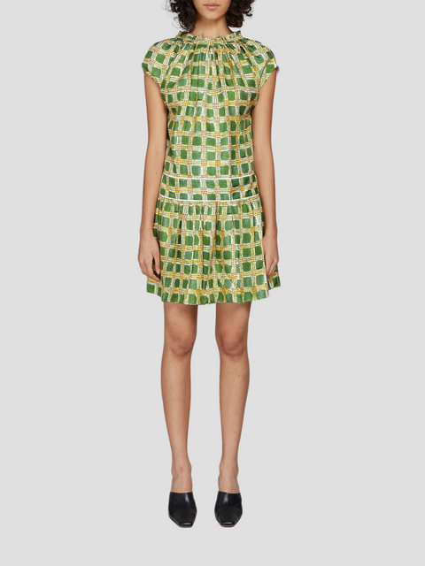 Short Sleeve Check Print Silk Mini Dress in Green,Marni,- Fivestory New York